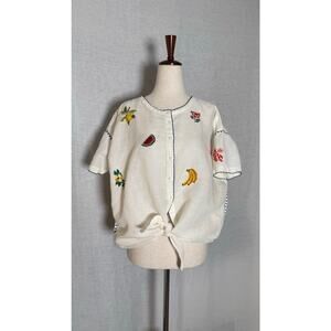 Anthropologie x Intropia Linen Fruit Needlepoint Embroidered Tie Blouse
XS